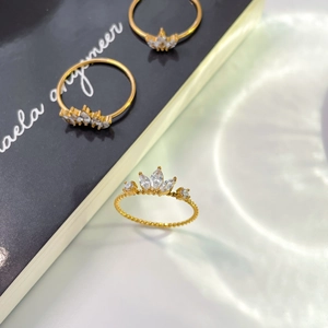 Détail de bagues en titane plaqué or 18 carats avec motif couronne en zircons variés
