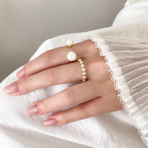 Elegant gold titanium steel open ring and beaded band with fresh water pearls
