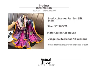 Detail of 90x180cm silk scarf with purple floral print and yellow borders