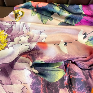 Satin silk scarf featuring traditional Chinese peony and crane prints with smooth draping