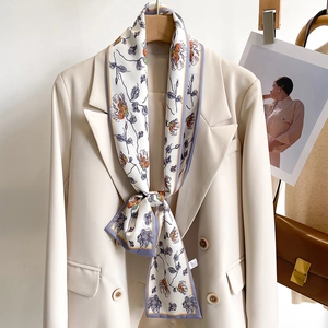 Floral Print Long Skinny Scarf Faux Satin Elegant Neck Tie French Style Hair Band Smooth Accessory For Women