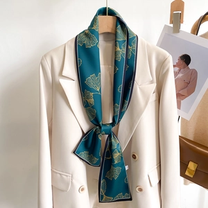 Women Satin Feeling Narrow Scarf Ginkgo Leaf Print Retro Elegant Skinny Neck Tie Hair Band Fashion Bag Ribbon