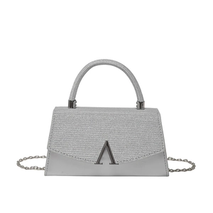 Sparkly silver mini crossbody bag for girls with metallic A buckle and chain strap