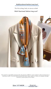 Detail of printed silk scarf tied on beige blazer neck, equestrian horse pattern, 12x148cm
