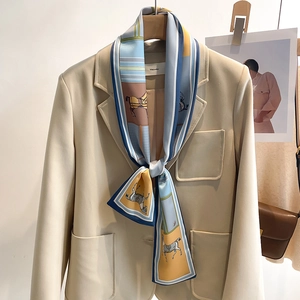 French Retro Horse Print Faux Satin Narrow Scarf For Women Double Sided Long Elegant Bag Handle Scarf Twilly