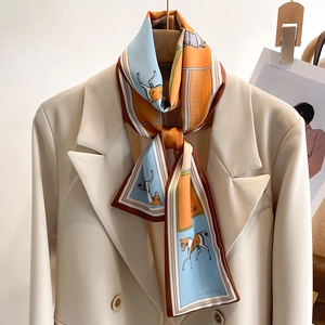 Long silk scarf with horse print on cream blazer, narrow neck ribbon for women