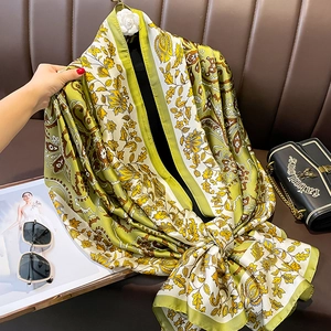 Elegant floral silk satin scarf in green and yellow print shawl for beach and sun protection