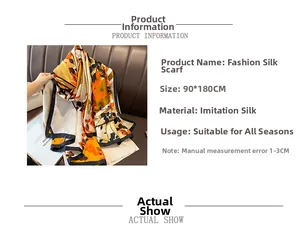 Detailed size specifications for 90x180cm faux silk shawl with orange floral pattern