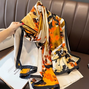 Fashion Satin Scarf Shawl Satin Finish Floral Leaf Print Sun Protection Beach Wrap For Women Elegant Large Long Accessories