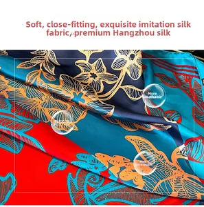 Detailed view of silky texture and elegant floral palm leaf patterns on the scarf