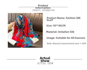 Close-up of exotic silk-feel scarf shawl with colorful prints and 90x180cm size details