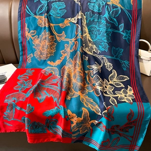 Large floral silk scarf with vibrant blue and red vintage patterns for women