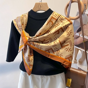 Elegant beige and brown alphabet twill silk scarf for women, 90cm large square design