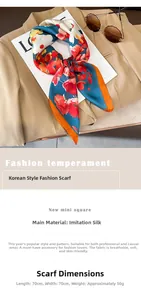 Détail d'un carré de soie de 70cm avec motifs floraux orange et bordure bleue