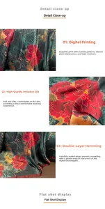 Detail showing digital peony floral print and double-stitched edges on satin silk scarf