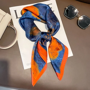 Elegant 70cm silk-like square scarf featuring artistic oil painting floral patterns in navy