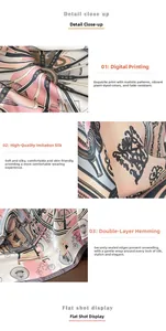 Detail view of digital printed silk scarf featuring vintage carriage patterns and hemmed edges