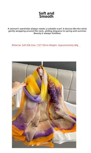 Detail view of 135x190cm gradient silk scarf in yellow and lilac soft chiffon fabric