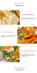 Detail of digital plant print on orange faux silk scarf with high-quality edge stitching