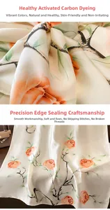 Close-up of printed silk scarf with floral patterns showing fine stitching and glossy texture