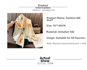 Detail of 90x180cm cream silk shawl with vintage orange rose prints and elegant fabric texture