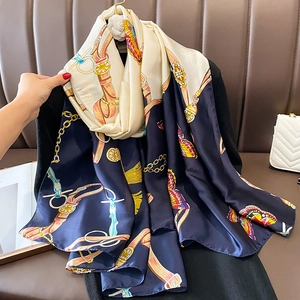 Fashionable silk scarf with butterfly chain print in beige and navy blue for women