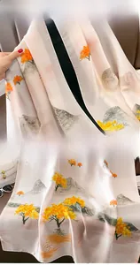 Detailed view of sun protection silk scarf showing landscape prints and hemmed edges