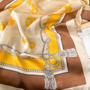 Nautical theme silk scarf with anchor print and chain pattern in yellow and brown