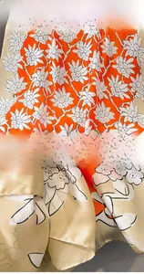 Detail of floral silk scarf featuring secure hemmed edges and vivid botanical prints