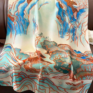 Châle en soie artistique avec des motifs de paysages de montagne bleu et orange