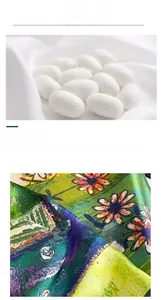 Détail des cocons de soie et du foulard en soie avec motif floral de peinture à l'huile