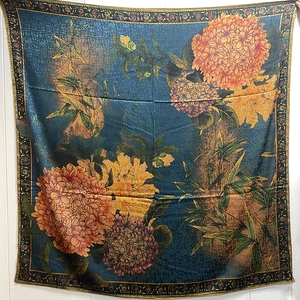 Floral silk square scarf with hydrangea and bamboo patterns on a navy blue background