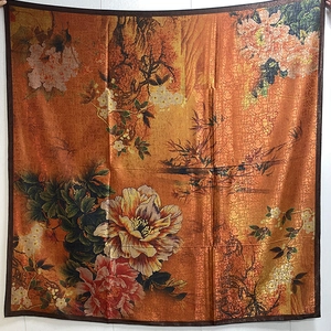 Vintage floral silk square scarf with oriental flower pattern and caramel orange border