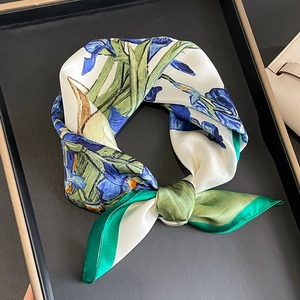 Élégant Foulard Carré en Soie de Mûrier Imprimé Floral Van Gogh Iris Foulard de Mode Pour Femme Bureau Voyage Bijoux