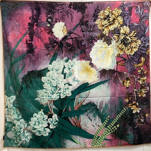 Large floral print silk scarf featuring white peonies and butterflies in vintage style