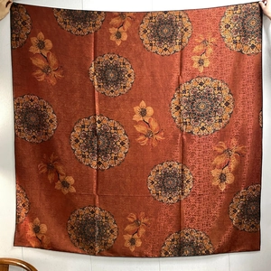 Large orange floral silk shawl with mandala patterns and elegant black edges for women