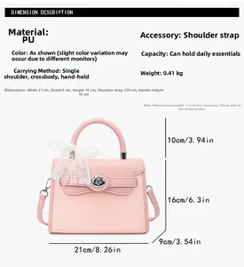 Pink PU leather Kelly bag with crocodile pattern and lace bow detailed dimensions