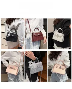 Collage of leather handbags in six colors with lace bows and multiple carrying options