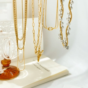 Multi-layer 18K gold plated titanium steel necklaces with snake and paperclip chain styles