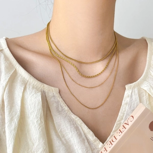Layered 18K gold plated snake and snake bone chain necklace set for women
