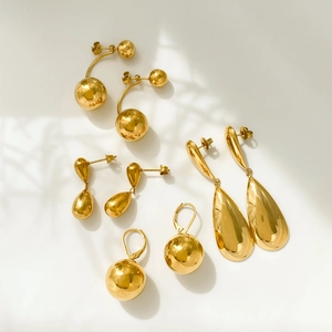 Minimalist Teardrop And Sphere Earrings Polished Gold Plated Stainless Steel Mirror Finish Geometric Jewelry For Women