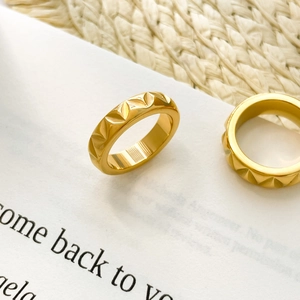 Macro shot of 18K gold plated steel ring featuring geometric triangle pyramid textures