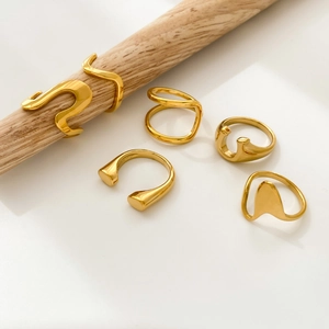 Geometric Titanium Steel Ring 18K Gold Plated Minimalist Irregular Wavy Faceted Adjustable Open Band For Women Fashion