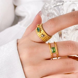 Wide gold gear rings with green zircons and double layer square arc design for women