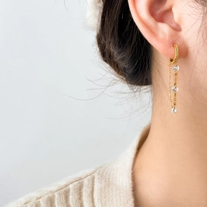 Close-up of long tassel gold earrings with zircons on a model for elegant style