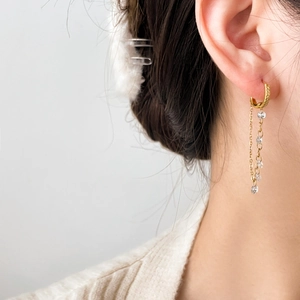 18K gold plated titanium long tassel earrings with sparkling cubic zirconia crystals