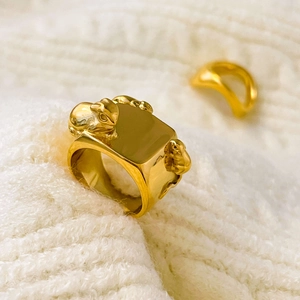 Vue macro d'une bague large plaquée or 18 carats avec relief animal 3D et surface lisse