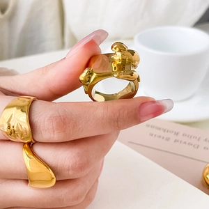 Ensemble De Bagues Larges Acier Titane Plaqué Or 18K Relief Souris Visage Texture Lave Organique Bijoux Pour Femmes