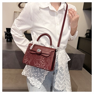Detail of burgundy snakeskin leather crossbody bag with silver lock and lace bow