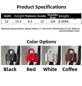 Detailed size guide for quilted PU leather handbags in black, red, white and brown colors